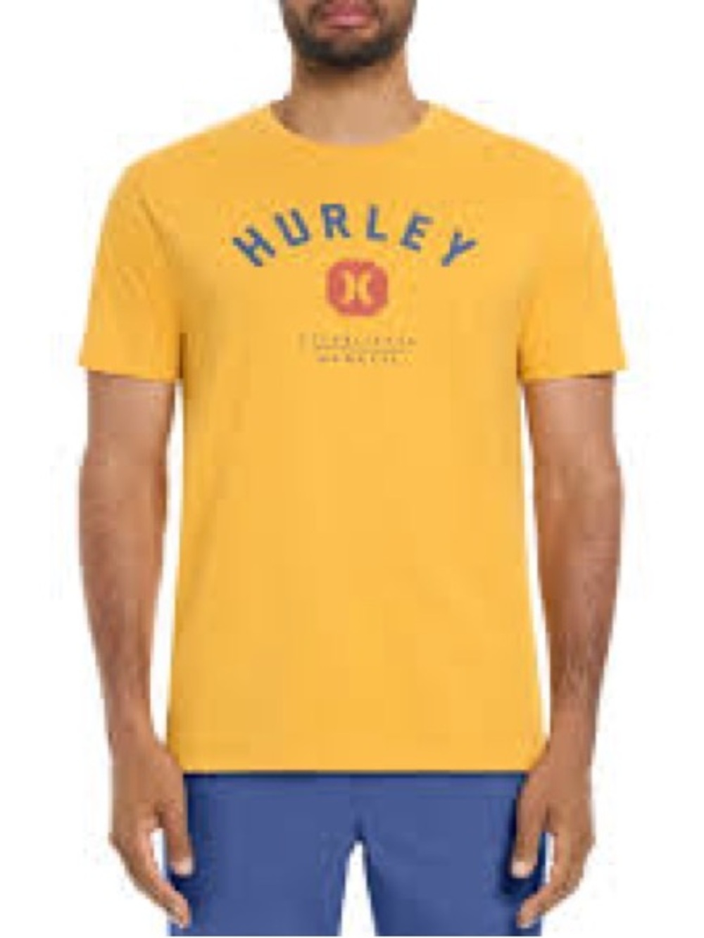 Hurley Men’s Yellow Graphic Logo Short Sleeve Tee with Blue Accent